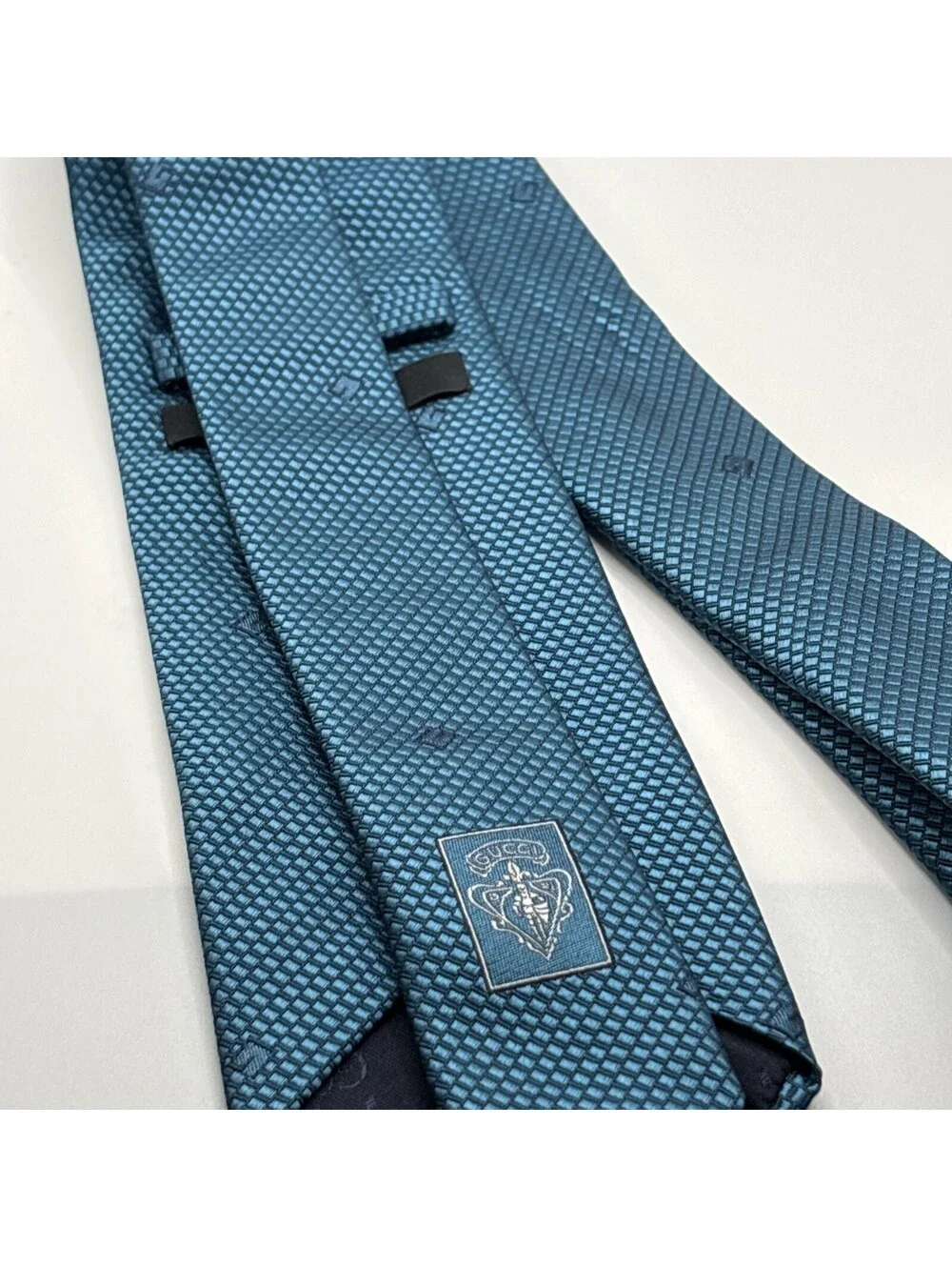 GUCCI Men’s Teal Mono Silk Tie GG Logo Pattern Standard